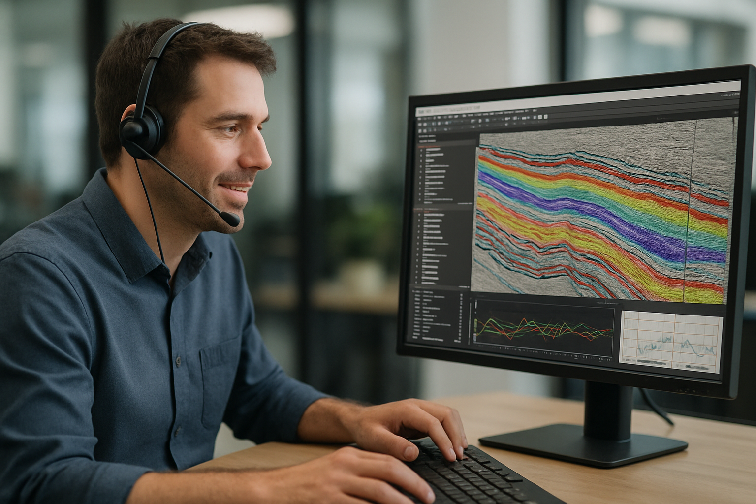 photographic Customer support agent with headphones helping with software that analyzes the subsurface data in oil and gas exporation